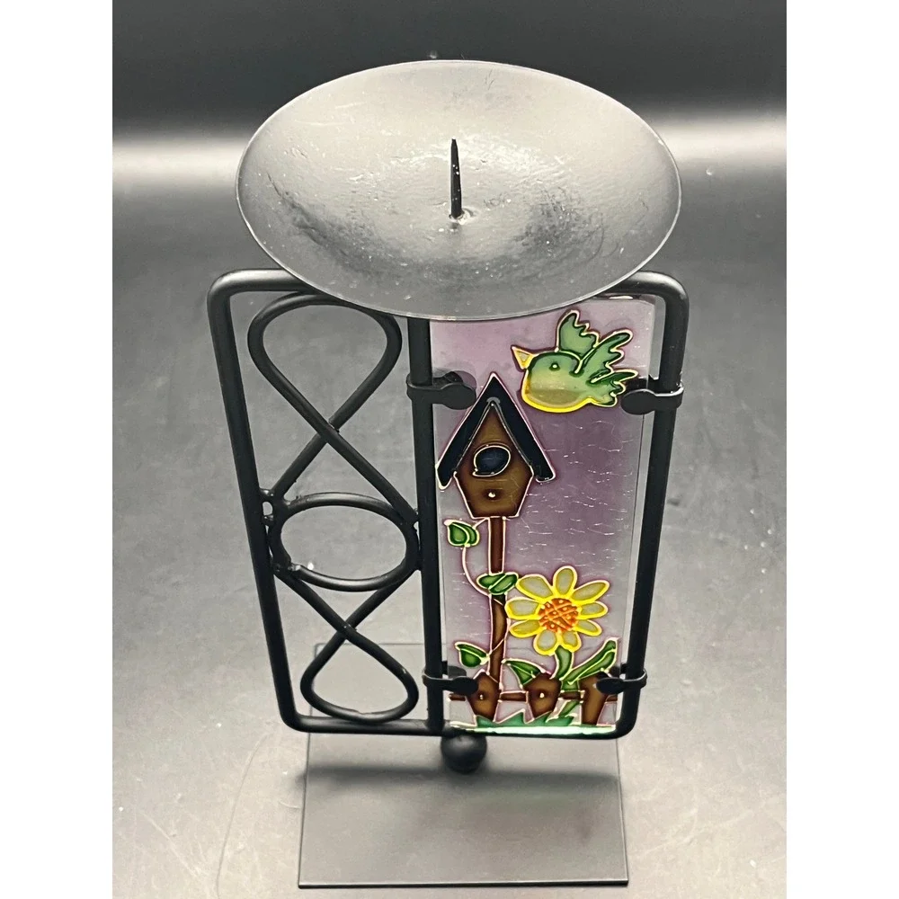 Black Metal Pillar Candle Holder With Stained Glass Birdhouse Floral-7.5